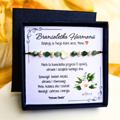 bransoletka Dla Mamy - Perłowe Chwile - szmaragd, perły naturalne, serce, hematyt bransoletka Dla Mamy - Perłowe Chwile - szmaragd, perły naturalne, serce, hematyt