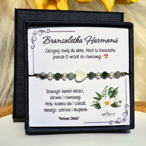 bransoletka Harmonii - Perłowe Chwile - szmaragd, perły naturalne, serce, hematyt bransoletka Harmonii - Perłowe Chwile - szmaragd, perły naturalne, serce, hematyt