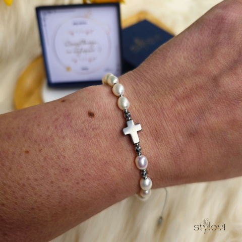 bransoletka RÓŻANIEC - silver - perły naturalne, hematyt