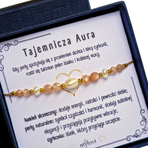 bransoletka "Tajemnicza Aura" - Blask Pewności - perły naturalne, kamień słoneczny, cyrkonia szampańska bransoletka "Tajemnicza Aura" - Blask Pewności - perły naturalne, kamień słoneczny, cyrkonia szampańska