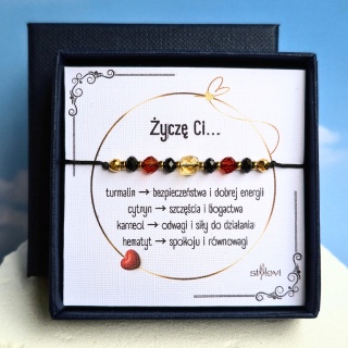 bransoletka ''Życzę Ci": bezpieczeństwa, bogactwa, siły do działania, spokoju - turmalin, cytryn, karneol, hematyt