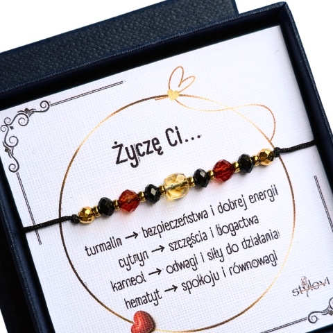 bransoletka ''Życzę Ci": bezpieczeństwa, bogactwa, siły do działania, spokoju - turmalin, cytryn, karneol, hematyt