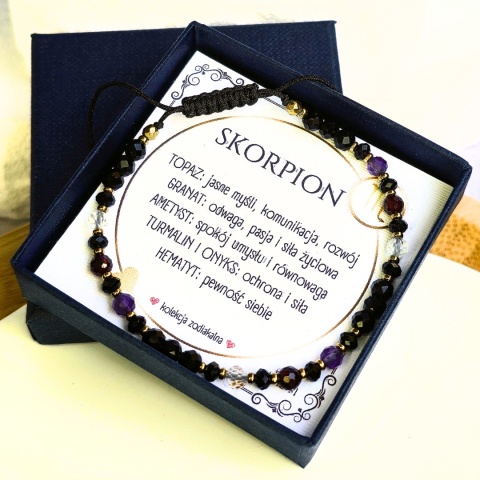 bransoletka - kolekcja zodiakalna - SKORPION - czarny turmalin, onyks, ametyst, granat, topaz, hematyt