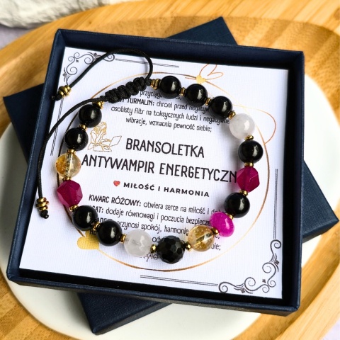 bransoletka ANTYWAMPIR ENERGETYCZNY - miłość i harmonia: turmalin, cytryn, agat, kwarc różowy, jadeit, hematyt