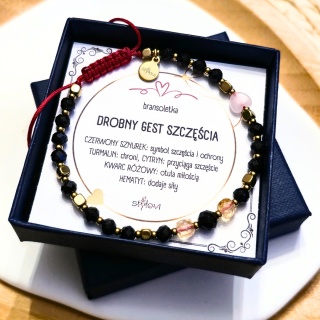 bransoletka Drobny Gest Szczęścia: turmalin, cytryn, kwarc różowy, hematyt, czerwony sznurek, serduszko