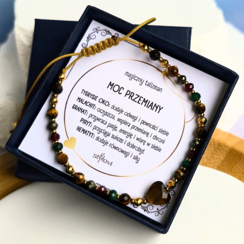 bransoletka MOC PRZEMIANY: tygrysie oko, malachit, granat, piryt, hematyt