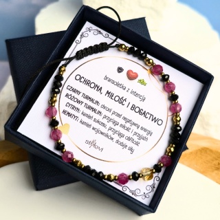 bransoletka OCHRONA, MIŁOŚĆ I BOGACTWO: czarny turmalin, różowy turmalin, cytryn, hematyt