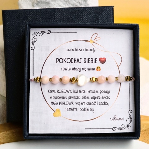 bransoletka POKOCHAJ SIEBIE: opal różowy, masa perłowa, hematyt, serduszko