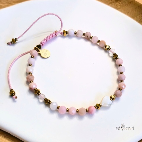 bransoletka POKOCHAJ SIEBIE: opal różowy, masa perłowa, kwarc różowy, hematyt, serduszko