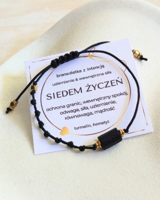 bransoletka SIEDEM ŻYCZEŃ: turmalin, hematyt, czarny sznurek, siedem węzłów (z)