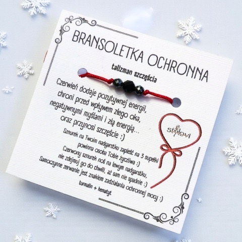 bransoletka SZCZĘŚCIA OCHRONNA - talizman szczęścia czerwony sznurek, turmalin, hematyt - grafitowa