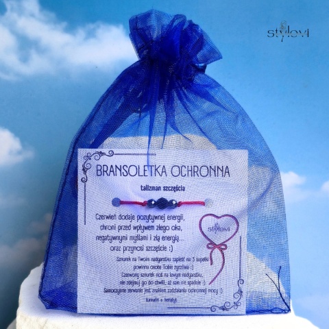 bransoletka SZCZĘŚCIA OCHRONNA - talizman szczęścia czerwony sznurek, turmalin, hematyt - grafitowa