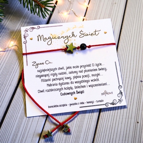 świąteczna bransoletka SZCZĘŚCIA OCHRONNA - talizman szczęścia czerwony sznurek, turmalin, hematyt