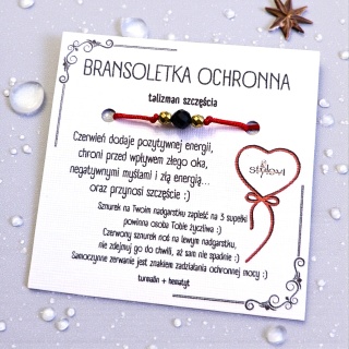 bransoletka SZCZĘŚCIA OCHRONNA - talizman szczęścia czerwony sznurek, turmalin, hematyt - złota