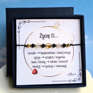 bransoletka ''Życzę Ci": bezpieczeństwa, bogactwa, miłości, spokoju - turmalin, cytryn, kwarc różowy, hematyt