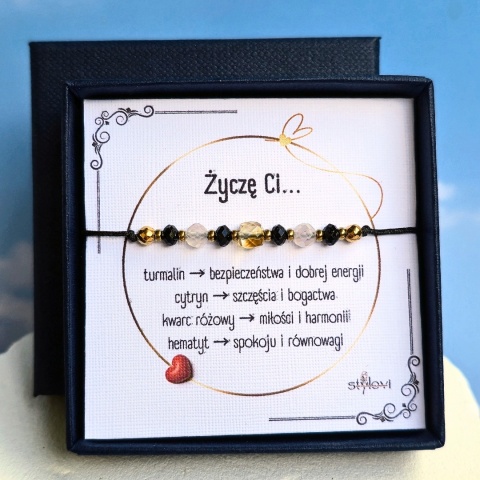 bransoletka ''Życzę Ci": bezpieczeństwa, bogactwa, miłości, spokoju - turmalin, cytryn, kwarc różowy, hematyt