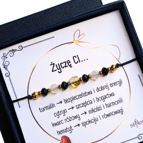 bransoletka ''Życzę Ci": bezpieczeństwa, bogactwa, miłości, spokoju - turmalin, cytryn, kwarc różowy, hematyt