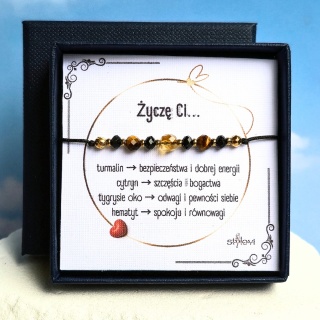 bransoletka ''Życzę Ci": bezpieczeństwa, bogactwa, odwagi, spokoju - turmalin, cytryn, tygrysie oko, hematyt
