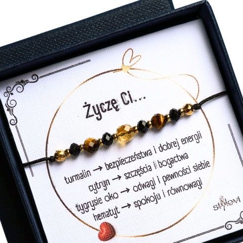 bransoletka ''Życzę Ci": bezpieczeństwa, bogactwa, odwagi, spokoju - turmalin, cytryn, tygrysie oko, hematyt