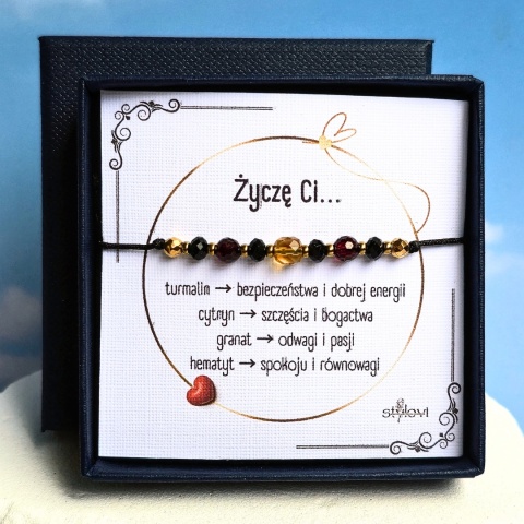 bransoletka ''Życzę Ci": bezpieczeństwa, bogactwa, pasji, spokoju - turmalin, cytryn, granat, hematyt
