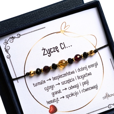bransoletka ''Życzę Ci": bezpieczeństwa, bogactwa, pasji, spokoju - turmalin, cytryn, granat, hematyt