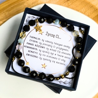 bransoletka "Życzę Ci...': turmalin, cytryn, akwamaryn, kwarc różowy, hematyt