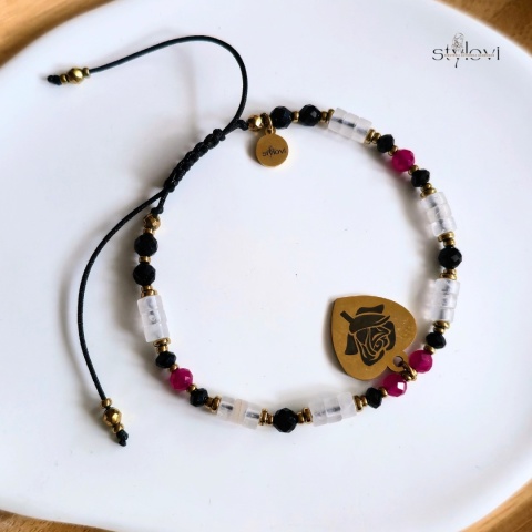 bransoletka dla BABCI: turmalin, onyks, kwarc różowy, rubin, hematyt, serce, grawer