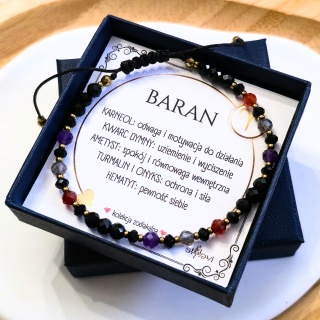 bransoletka - kolekcja zodiakalna - BARAN - czarny turmalin, onyks, karneol, kwarc dymny, ametyst, hematyt