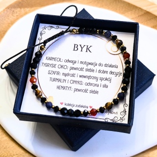 bransoletka - kolekcja zodiakalna - BYK - czarny turmalin, onyks, karneol, tygrysie oko, szafir, hematyt