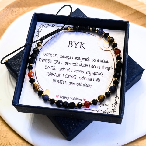 bransoletka - kolekcja zodiakalna - BYK - czarny turmalin, onyks, karneol, tygrysie oko, szafir, hematyt