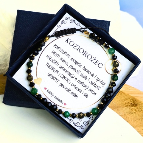 bransoletka - kolekcja zodiakalna - KOZIOROŻEC - czarny turmalin, onyks, awenturyn, piryt, malachit, hematyt