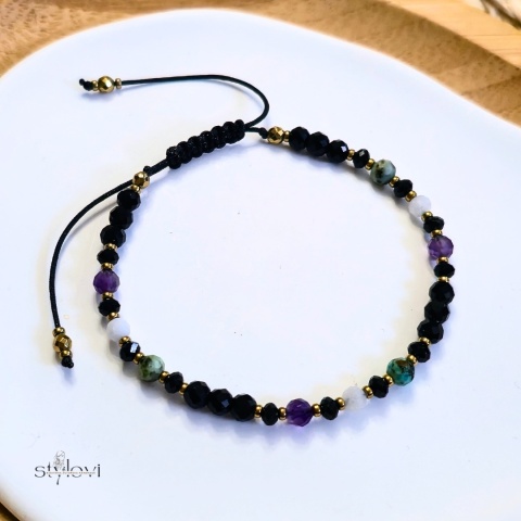 bransoletka - kolekcja zodiakalna - RYBY - czarny turmalin, onyks, ametyst, kamień księżycowy, turkus, hematyt