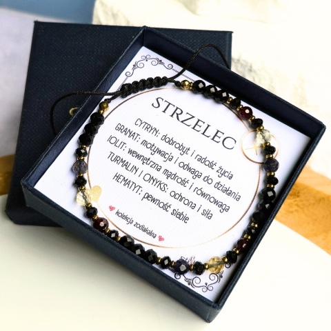 bransoletka - kolekcja zodiakalna - STRZELEC - czarny turmalin, onyks, granat, cytryn, iolit, hematyt