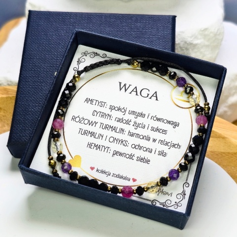 bransoletka - kolekcja zodiakalna - WAGA - czarny turmalin, onyks, ametyst, cytryn, różowy turmalin, hematyt
