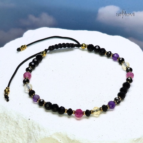 bransoletka - kolekcja zodiakalna - WAGA - czarny turmalin, onyks, ametyst, cytryn, różowy turmalin, hematyt