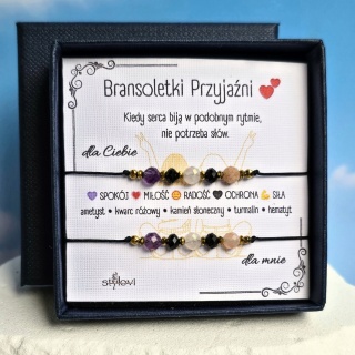 bransoletki PRZYJAŹNI: ametyst, kwarc różowy, kamień słoneczny, turmalin, hematyt