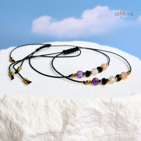 bransoletki PRZYJAŹNI: ametyst, kwarc różowy, kamień słoneczny, turmalin, hematyt