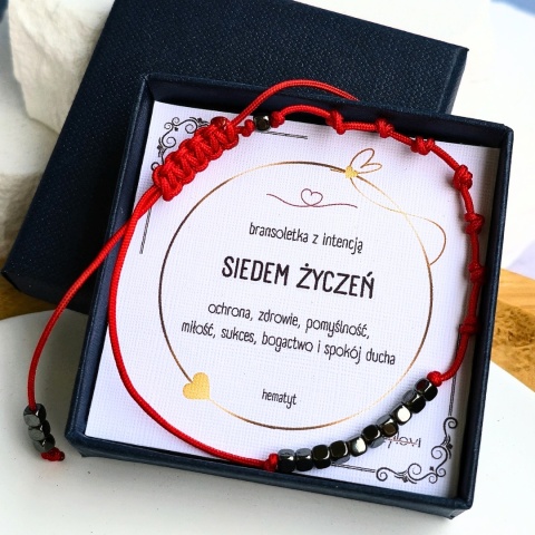 męska bransoletka szczęścia SIEDEM ŻYCZEŃ: hematyt, czerwony sznurek, siedem węzłów