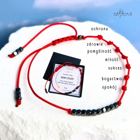 męska bransoletka szczęścia SIEDEM ŻYCZEŃ: hematyt, czerwony sznurek, siedem węzłów
