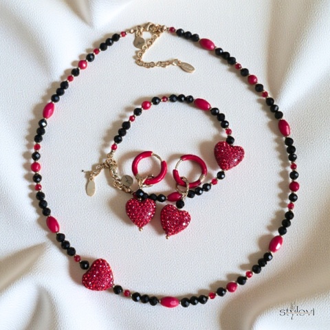 naszyjnik AMORE: turmalin, koral, hematyt, serce