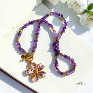 naszyjnik FLORIS: ametyst, hematyt, kwiat (ok. 46-47 cm)