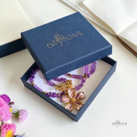 naszyjnik FLORIS: ametyst, hematyt, kwiat (ok. 46-47 cm)