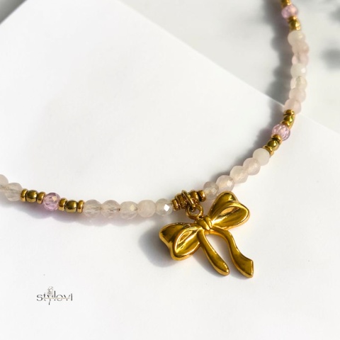 naszyjnik Blush Bow: kwarc różowy, cyrkonia, hematyt
