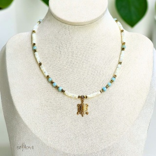 naszyjnik Sekret Oceanu 🌊🐢: larimar, masa perłowa, hematyt (ok. 42 - 52cm)