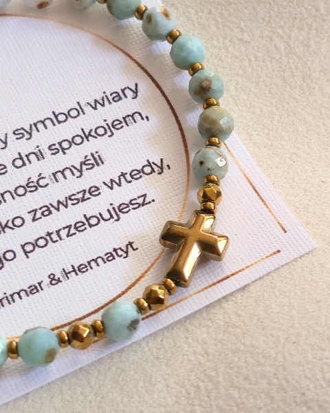 bransoletka RÓŻANIEC: larimar, hematyt (złoty)