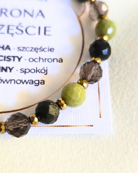 bransoletka z intencją OCHRONA I SZCZĘŚCIE: kwarc dymny, obsydian złocisty, jaspis matcha, hematyt